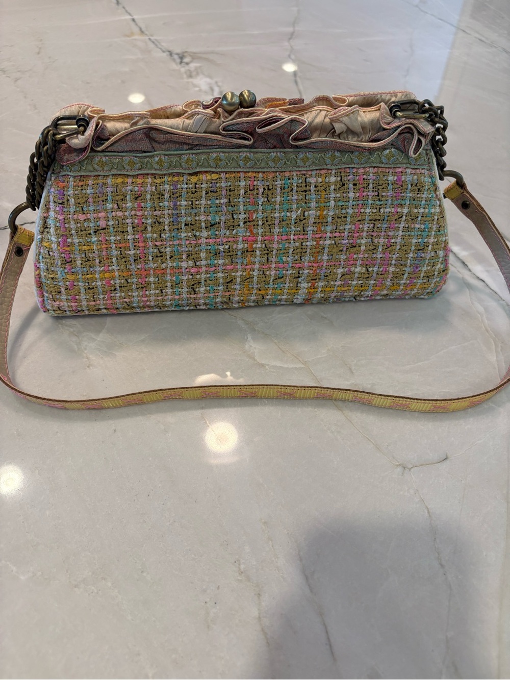 Mary Frances Multicolor Tweed Floral Appliqué Clutch with Yellow Trim - Picture 5 of 7